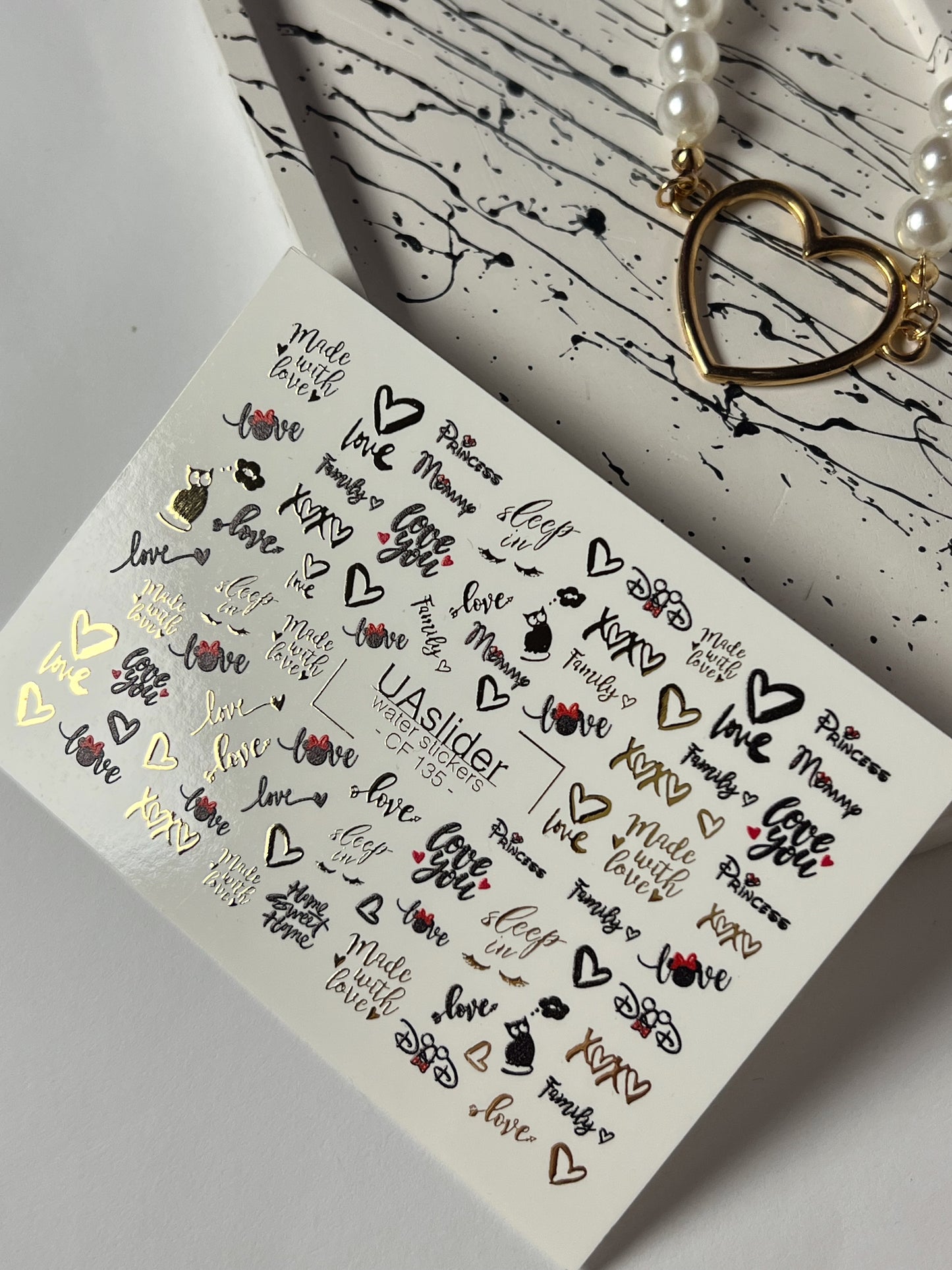 Nálepka na nehty CF-135 | Romantický citát vodní nálepky na nehty | Zlatá fólie srdce a slova lásky