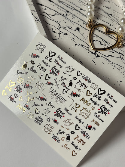 Nálepka na nehty CF-135 | Romantický citát vodní nálepky na nehty | Zlatá fólie srdce a slova lásky