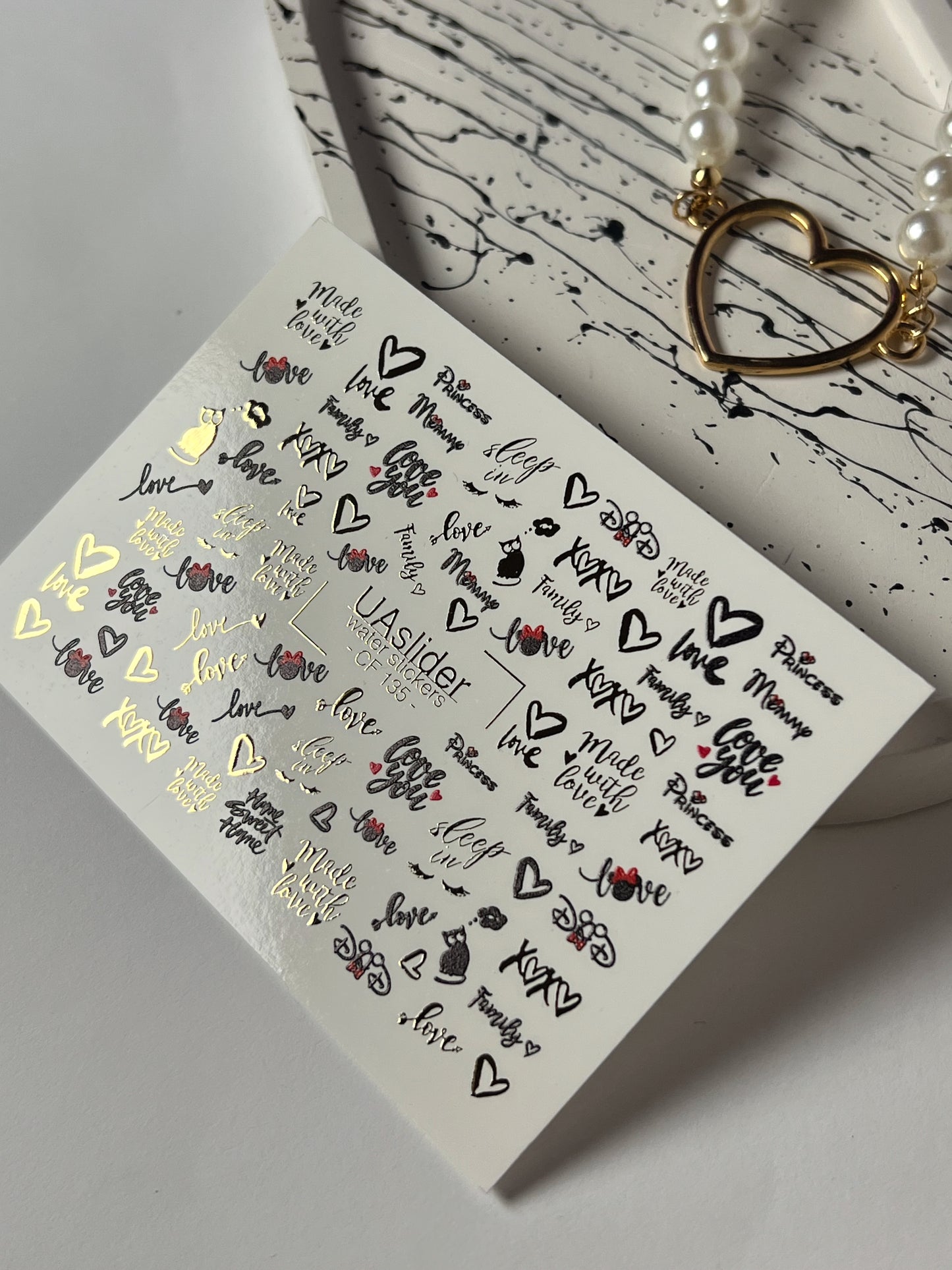 Nálepka na nehty CF-135 | Romantický citát vodní nálepky na nehty | Zlatá fólie srdce a slova lásky