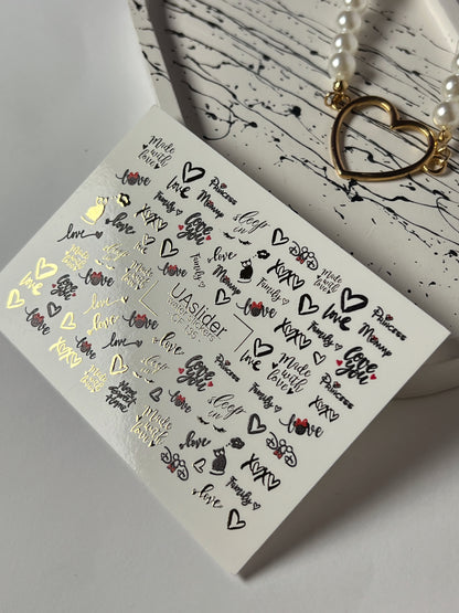 Nálepka na nehty CF-135 | Romantický citát vodní nálepky na nehty | Zlatá fólie srdce a slova lásky