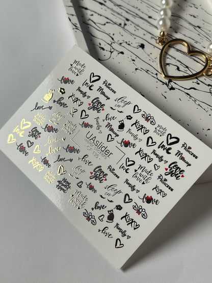 Nálepka na nehty CF-135 | Romantický citát vodní nálepky na nehty | Zlatá fólie srdce a slova lásky