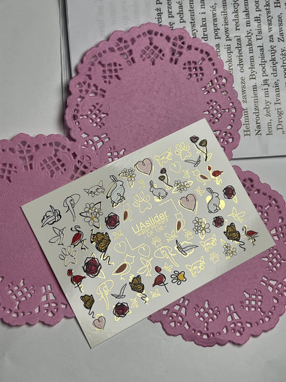 Nagel Wasserabziehbild CF-136 | Tier- & Blumen Wasser-Schiebefolien Nagelabziehbilder | Goldfolie Schmetterlinge, Rosen & Herzen