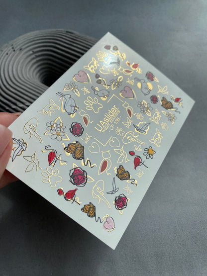 Nagel Wasserabziehbild CF-136 | Tier- & Blumen Wasser-Schiebefolien Nagelabziehbilder | Goldfolie Schmetterlinge, Rosen & Herzen