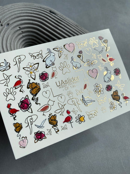 Nagel Wasserabziehbild CF-136 | Tier- & Blumen Wasser-Schiebefolien Nagelabziehbilder | Goldfolie Schmetterlinge, Rosen & Herzen