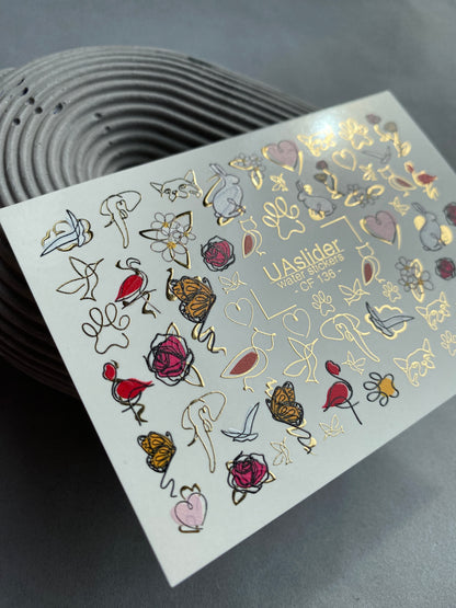 Nagel Wasserabziehbild CF-136 | Tier- & Blumen Wasser-Schiebefolien Nagelabziehbilder | Goldfolie Schmetterlinge, Rosen & Herzen