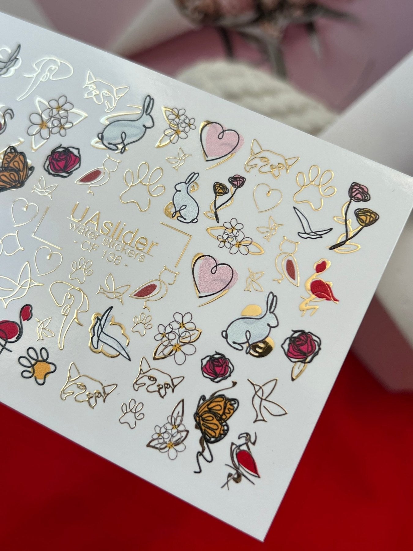 Nail Water Decal CF-136 | Animal & Floral Water Slide Nail Decals | Gold Foil Butterflies, Roses & Hearts - UASLIDER