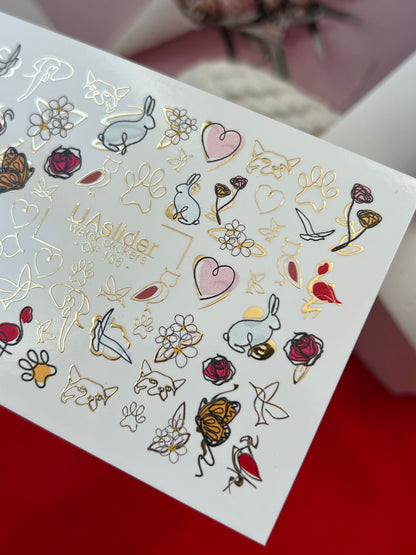 Nagel Wasserabziehbild CF-136 | Tier- & Blumen Wasser-Schiebefolien Nagelabziehbilder | Goldfolie Schmetterlinge, Rosen & Herzen