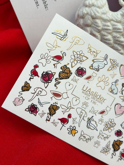 Nagel Wasserabziehbild CF-136 | Tier- & Blumen Wasser-Schiebefolien Nagelabziehbilder | Goldfolie Schmetterlinge, Rosen & Herzen