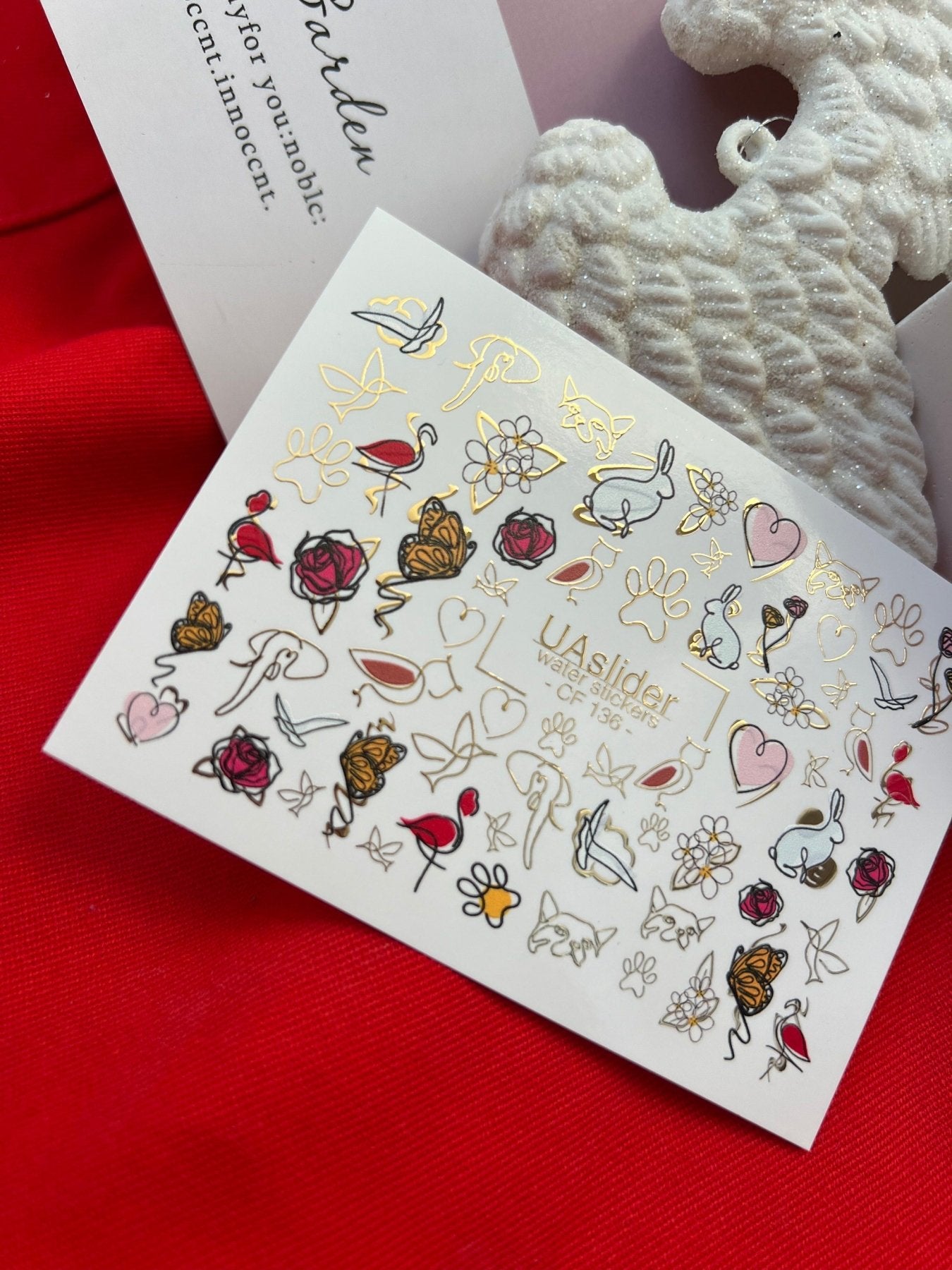 Nail Water Decal CF-136 | Animal & Floral Water Slide Nail Decals | Gold Foil Butterflies, Roses & Hearts - UASLIDER