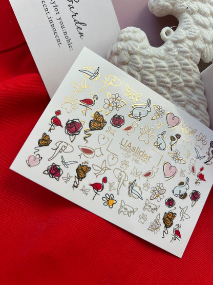 Nagel Wasserabziehbild CF-136 | Tier- & Blumen Wasser-Schiebefolien Nagelabziehbilder | Goldfolie Schmetterlinge, Rosen & Herzen