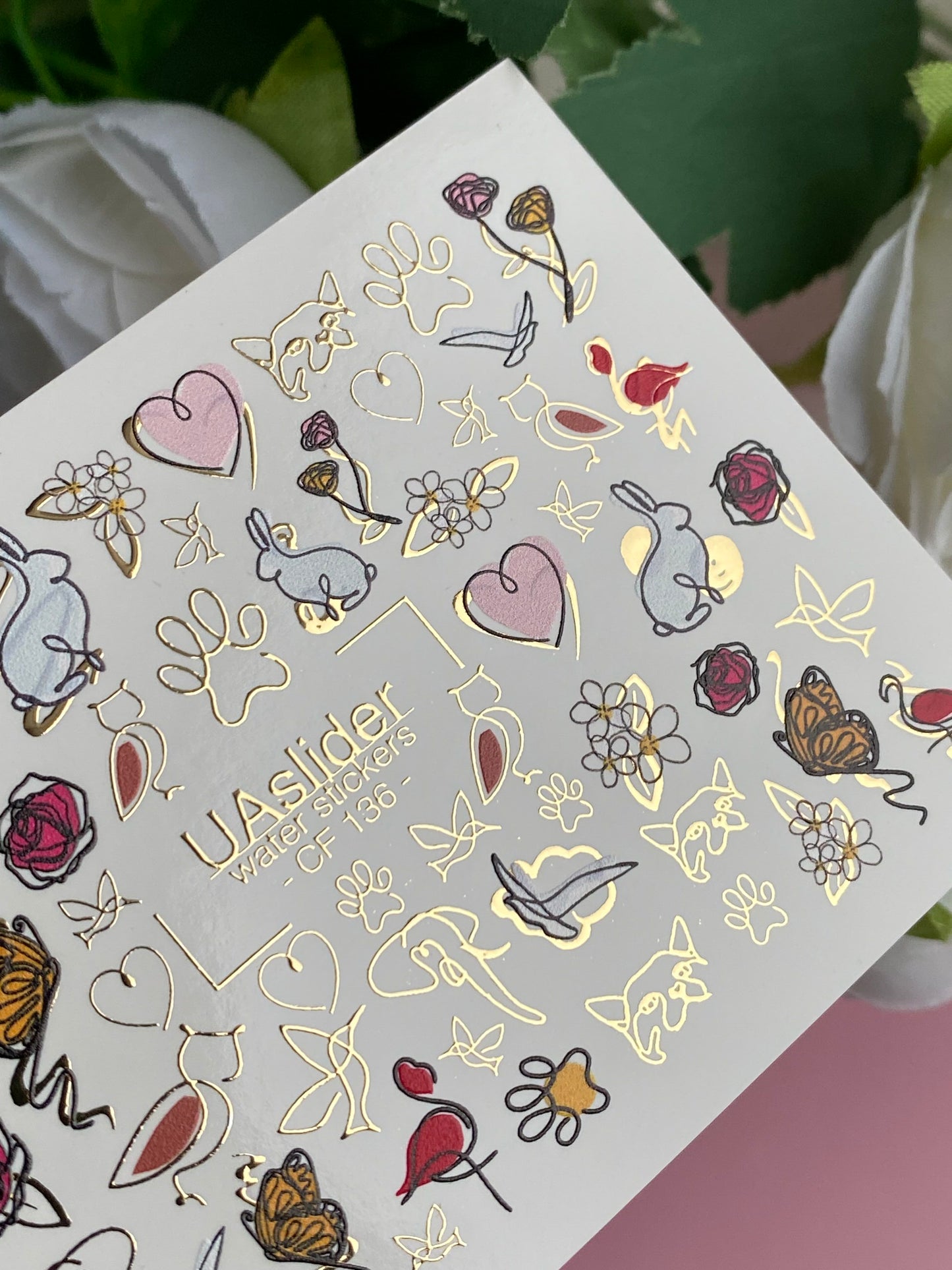 Nagel Wasserabziehbild CF-136 | Tier- & Blumen Wasser-Schiebefolien Nagelabziehbilder | Goldfolie Schmetterlinge, Rosen & Herzen