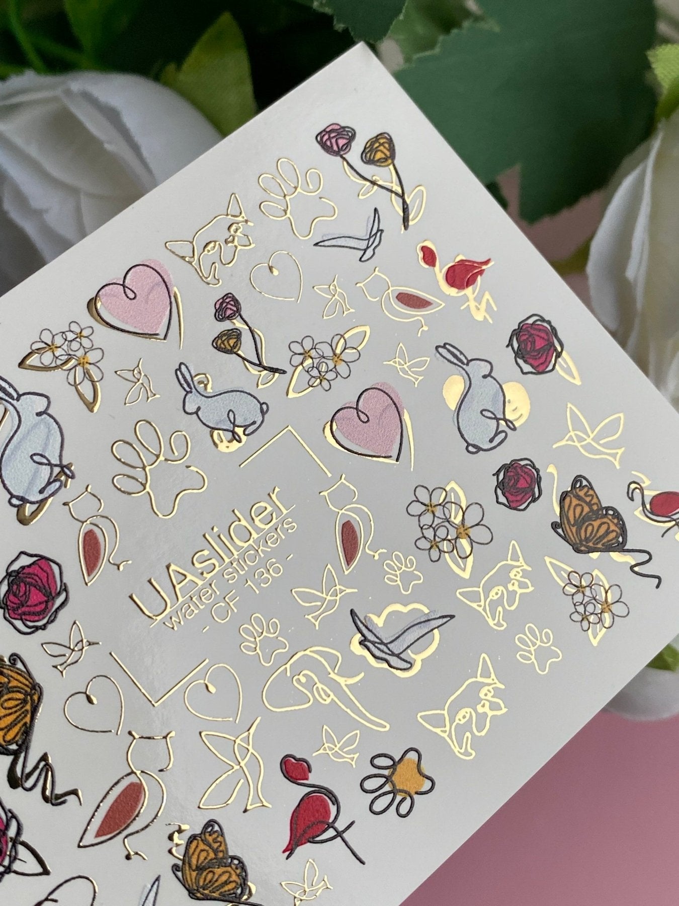 Nail Water Decal CF-136 | Animal & Floral Water Slide Nail Decals | Gold Foil Butterflies, Roses & Hearts - UASLIDER