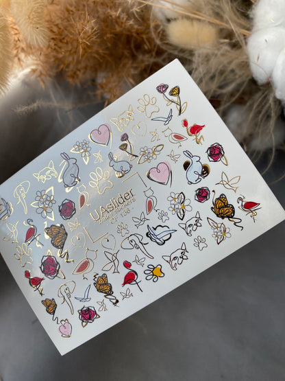 Nagel Wasserabziehbild CF-136 | Tier- & Blumen Wasser-Schiebefolien Nagelabziehbilder | Goldfolie Schmetterlinge, Rosen & Herzen