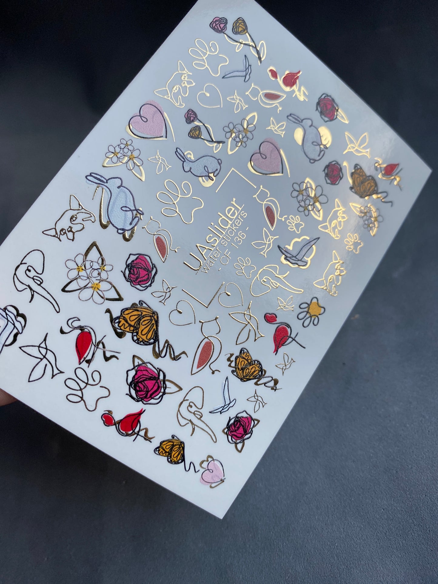 Nagel Wasserabziehbild CF-136 | Tier- & Blumen Wasser-Schiebefolien Nagelabziehbilder | Goldfolie Schmetterlinge, Rosen & Herzen