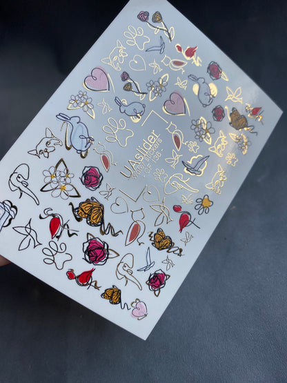 Nagel Wasserabziehbild CF-136 | Tier- & Blumen Wasser-Schiebefolien Nagelabziehbilder | Goldfolie Schmetterlinge, Rosen & Herzen