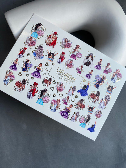 Nail Water Decal CF-137 | Fashion Girl Water Slide Nail Decals | Floral Bouquets & Gold Hearts
