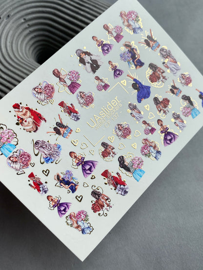 Nail Water Decal CF-137 | Fashion Girl Water Slide Nail Decals | Floral Bouquets & Gold Hearts