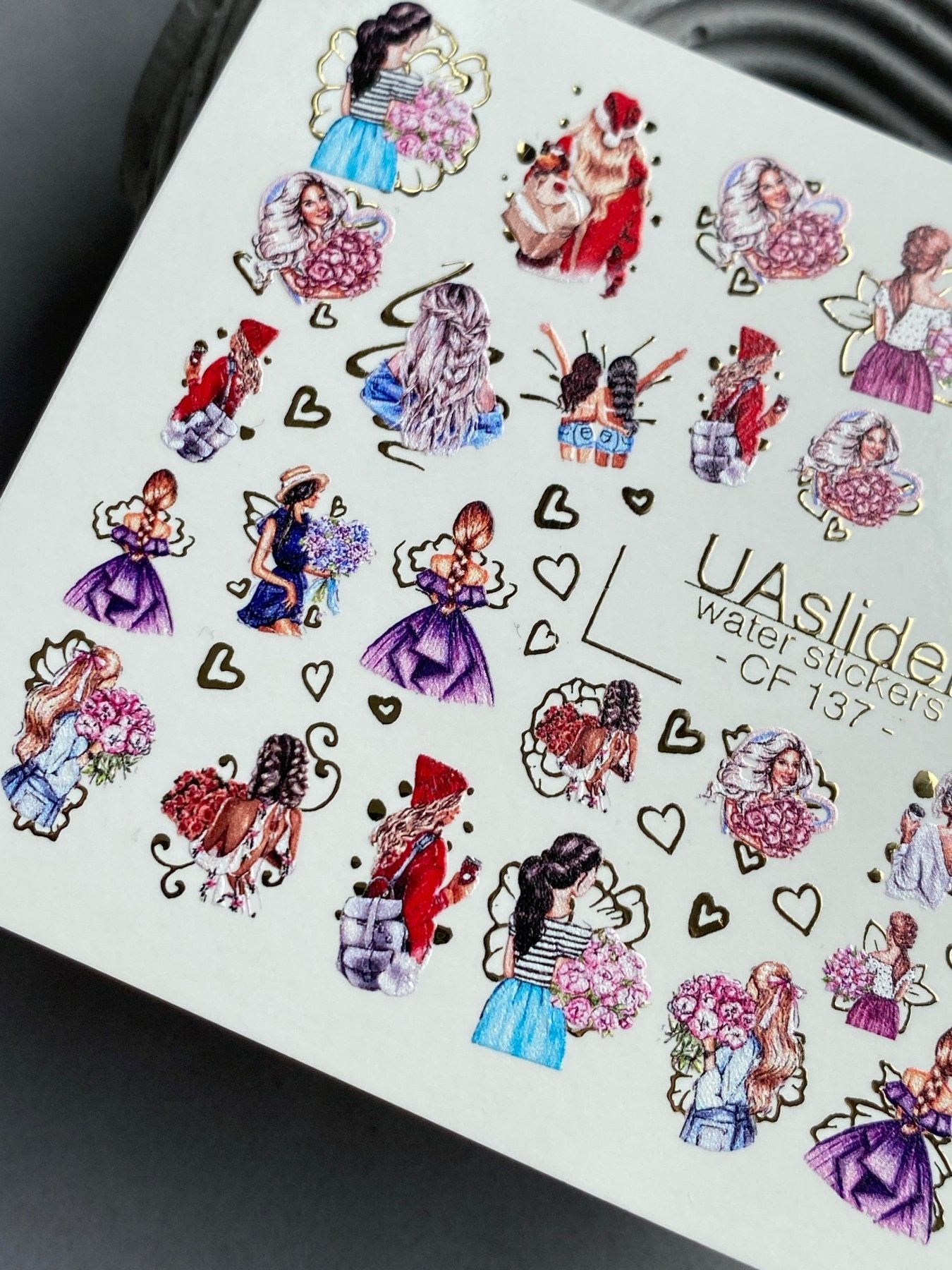 Nail Water Decal CF-137 | Fashion Girl Water Slide Nail Decals | Floral Bouquets & Gold Hearts - UASLIDER