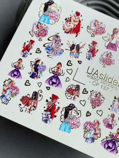 Nail Water Decal CF-137 | Fashion Girl Water Slide Nail Decals | Floral Bouquets & Gold Hearts