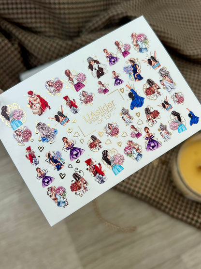 Nail Water Decal CF-137 | Fashion Girl Water Slide Nail Decals | Floral Bouquets & Gold Hearts