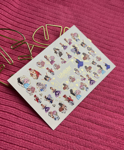 Nail Water Decal CF-137 | Fashion Girl Water Slide Nail Decals | Floral Bouquets & Gold Hearts