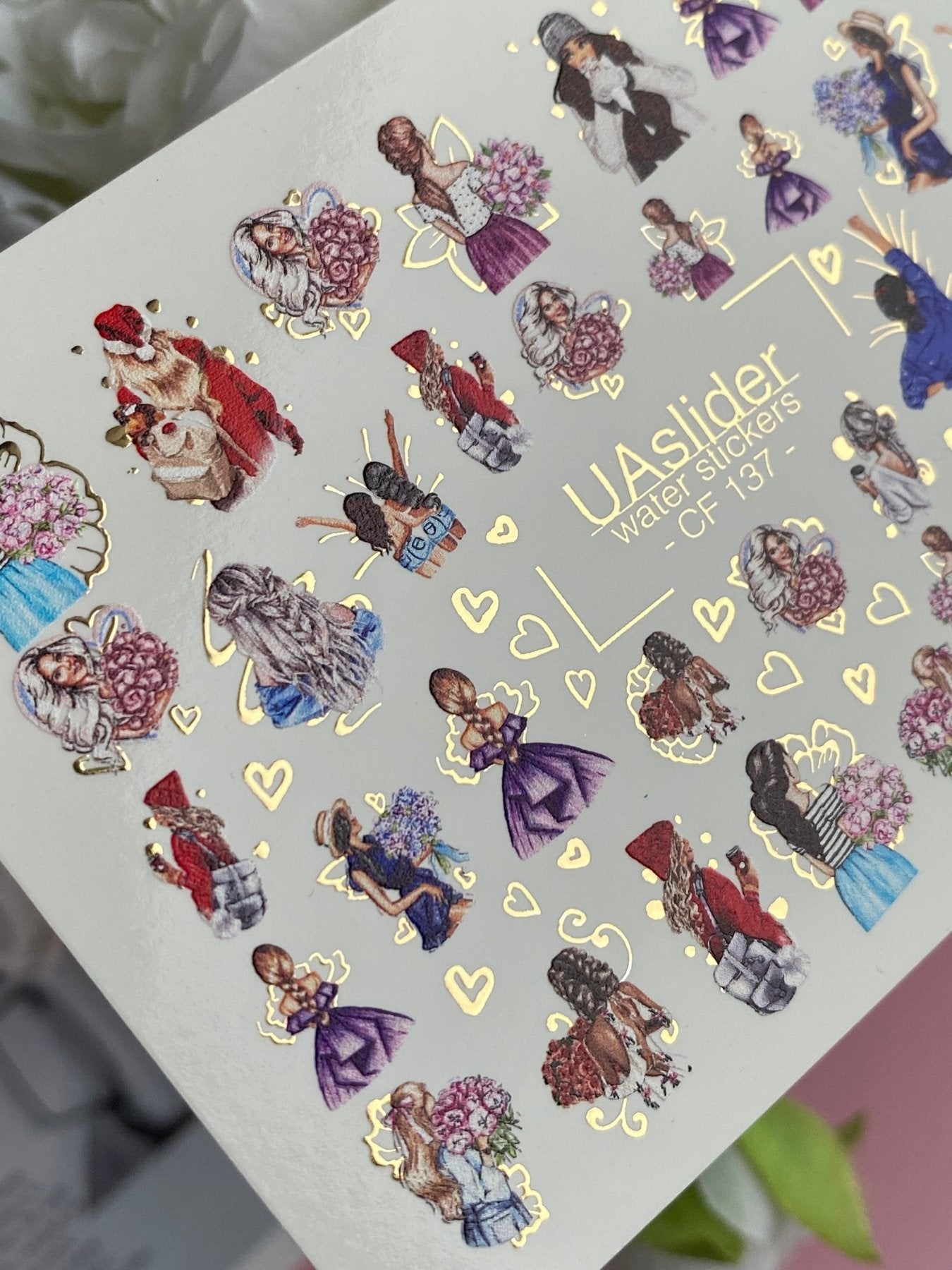 Nail Water Decal CF-137 | Fashion Girl Water Slide Nail Decals | Floral Bouquets & Gold Hearts - UASLIDER