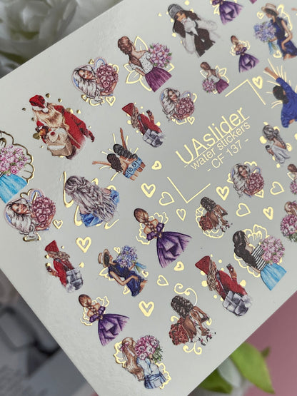 Nail Water Decal CF-137 | Fashion Girl Water Slide Nail Decals | Floral Bouquets & Gold Hearts