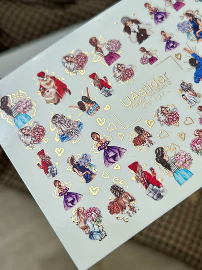 Nail Water Decal CF-137 | Fashion Girl Water Slide Nail Decals | Floral Bouquets & Gold Hearts