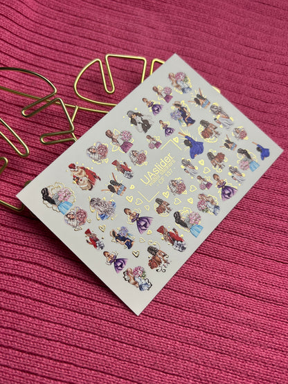 Nail Water Decal CF-137 | Fashion Girl Water Slide Nail Decals | Floral Bouquets & Gold Hearts