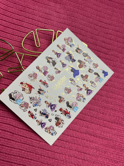 Nail Water Decal CF-137 | Fashion Girl Water Slide Nail Decals | Floral Bouquets & Gold Hearts