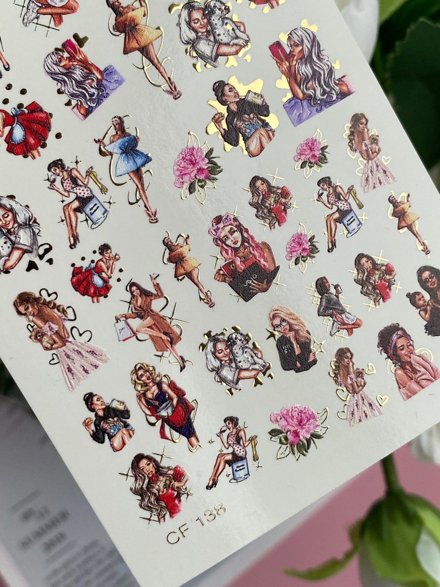 Nail Water Decal CF-138 | Fashion Girl Water Slide Nail Decals | Stylish Outfits & Gold Accents