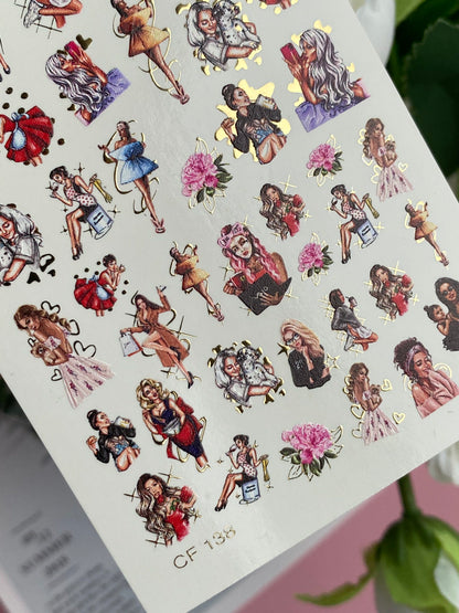 Nail Water Decal CF-138 | Fashion Girl Water Slide Nail Decals | Stylish Outfits & Gold Accents