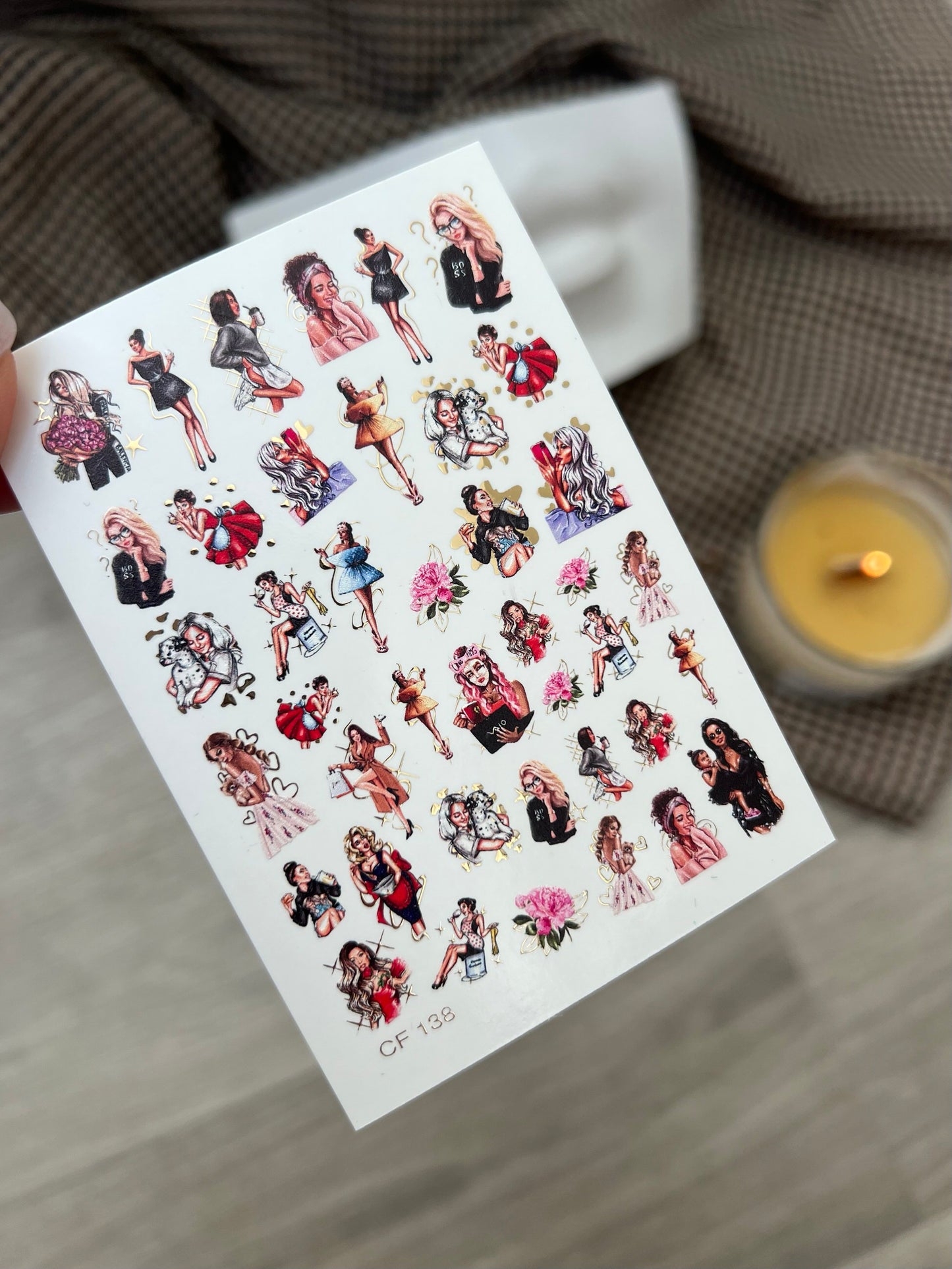 Nail Water Decal CF-138 | Fashion Girl Water Slide Nail Decals | Stylish Outfits & Gold Accents