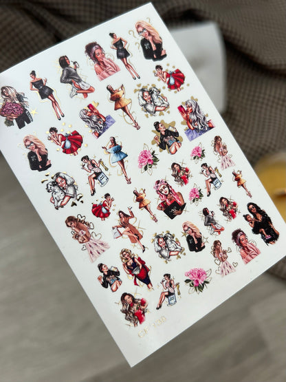 Nail Water Decal CF-138 | Fashion Girl Water Slide Nail Decals | Stylish Outfits & Gold Accents