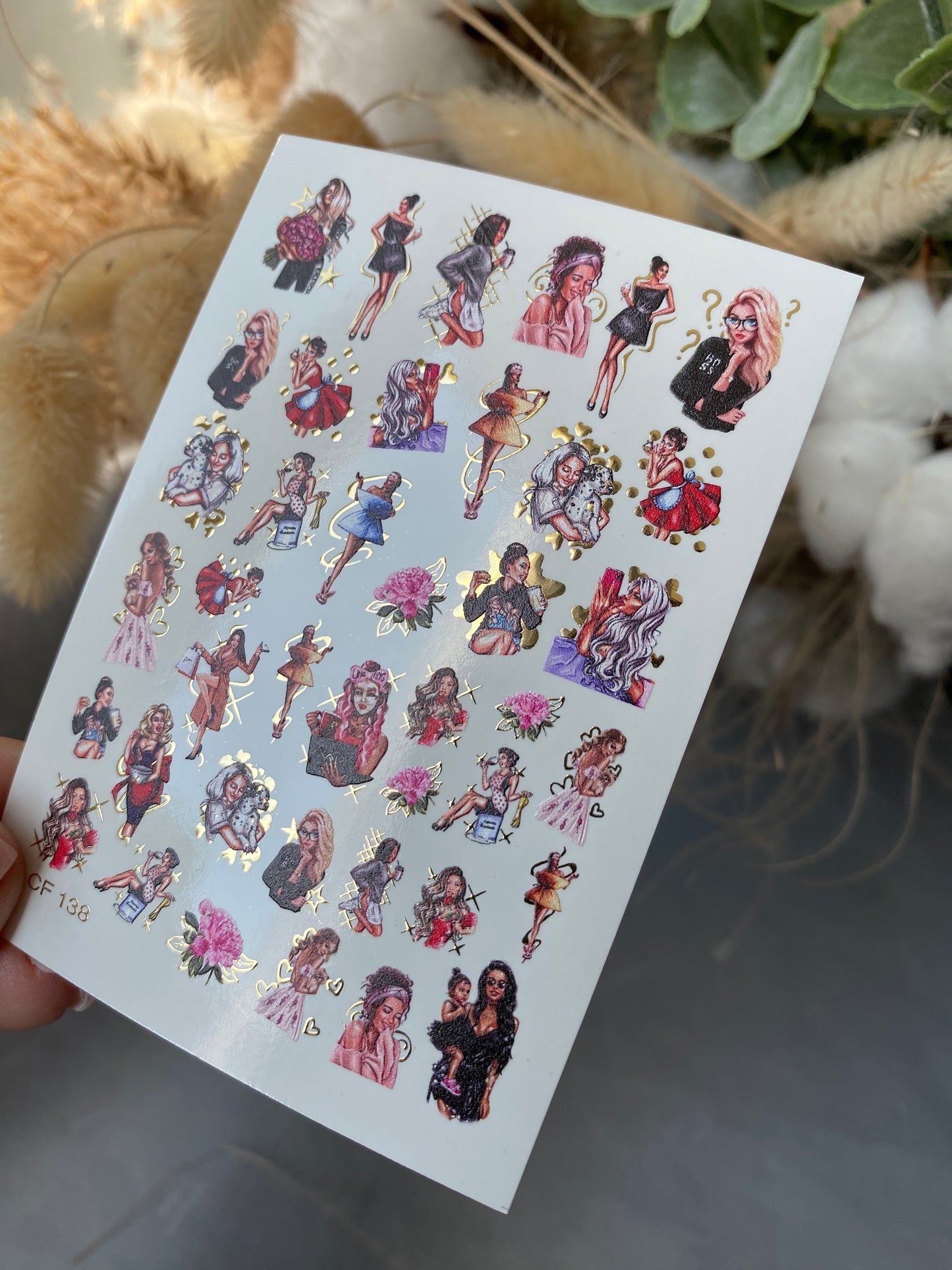 Nail Water Decal CF-138 | Fashion Girl Water Slide Nail Decals | Stylish Outfits & Gold Accents