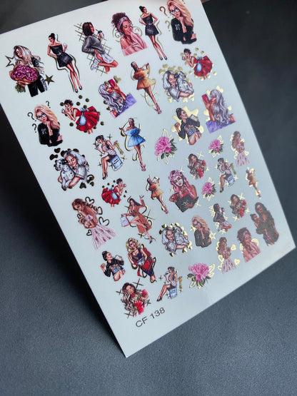 Nail Water Decal CF-138 | Fashion Girl Water Slide Nail Decals | Stylish Outfits & Gold Accents