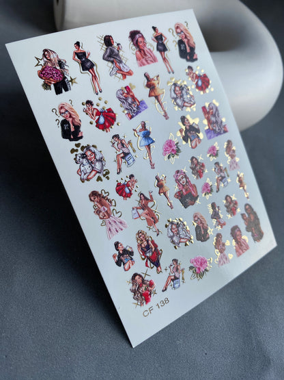 Nail Water Decal CF-138 | Fashion Girl Water Slide Nail Decals | Stylish Outfits & Gold Accents