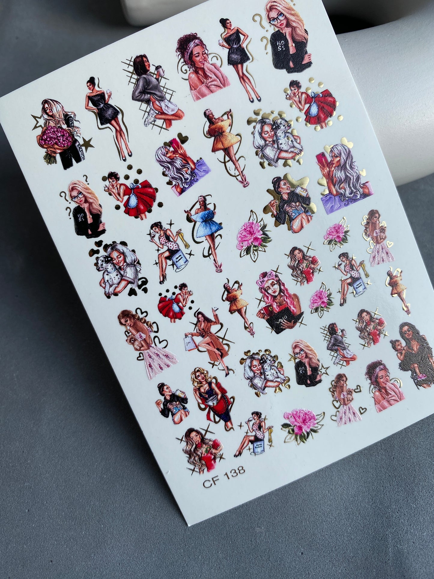 Nail Water Decal CF-138 | Fashion Girl Water Slide Nail Decals | Stylish Outfits & Gold Accents