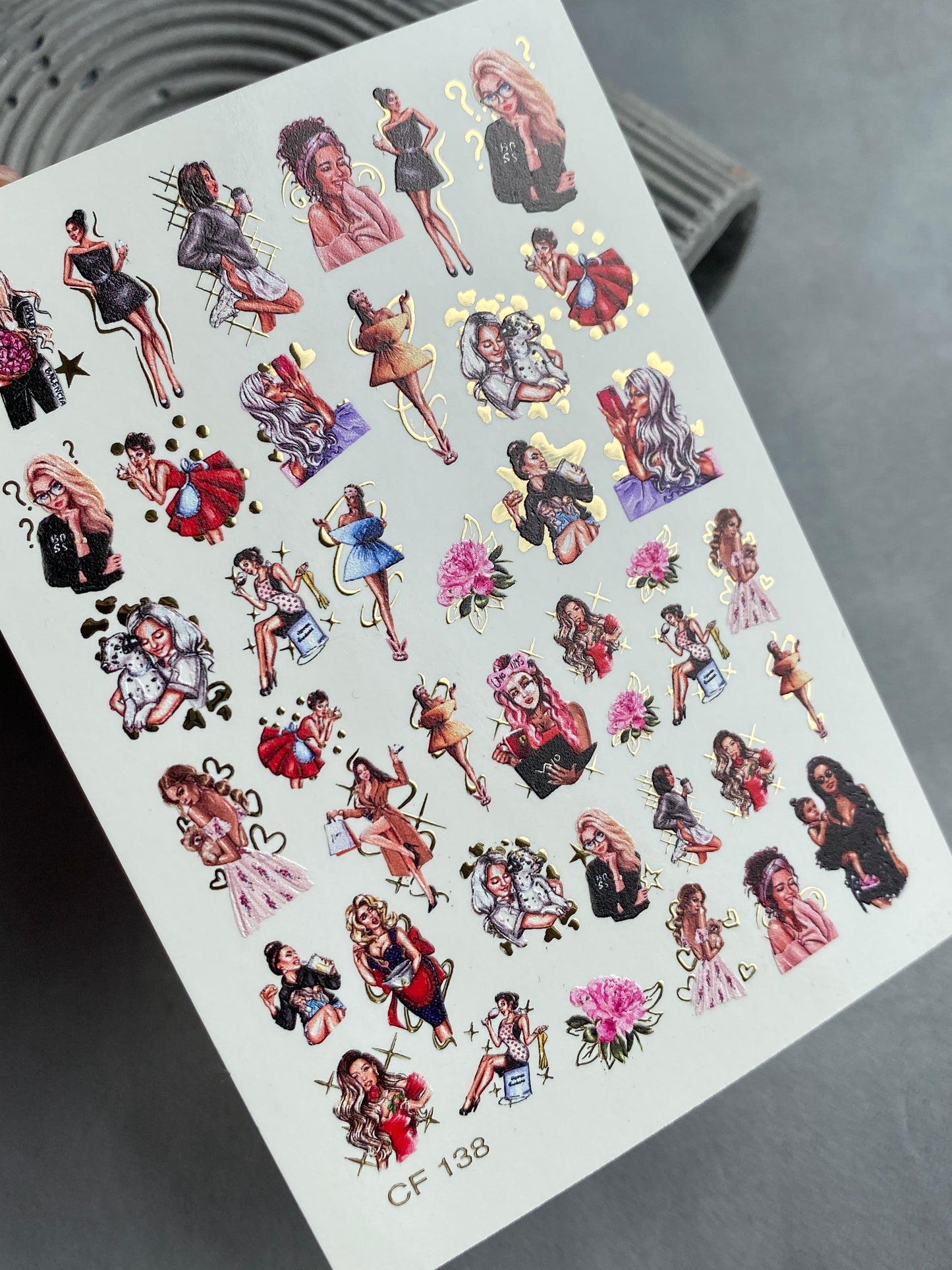 Nail Water Decal CF-138 | Fashion Girl Water Slide Nail Decals | Stylish Outfits & Gold Accents