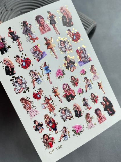 Nail Water Decal CF-138 | Fashion Girl Water Slide Nail Decals | Stylish Outfits & Gold Accents