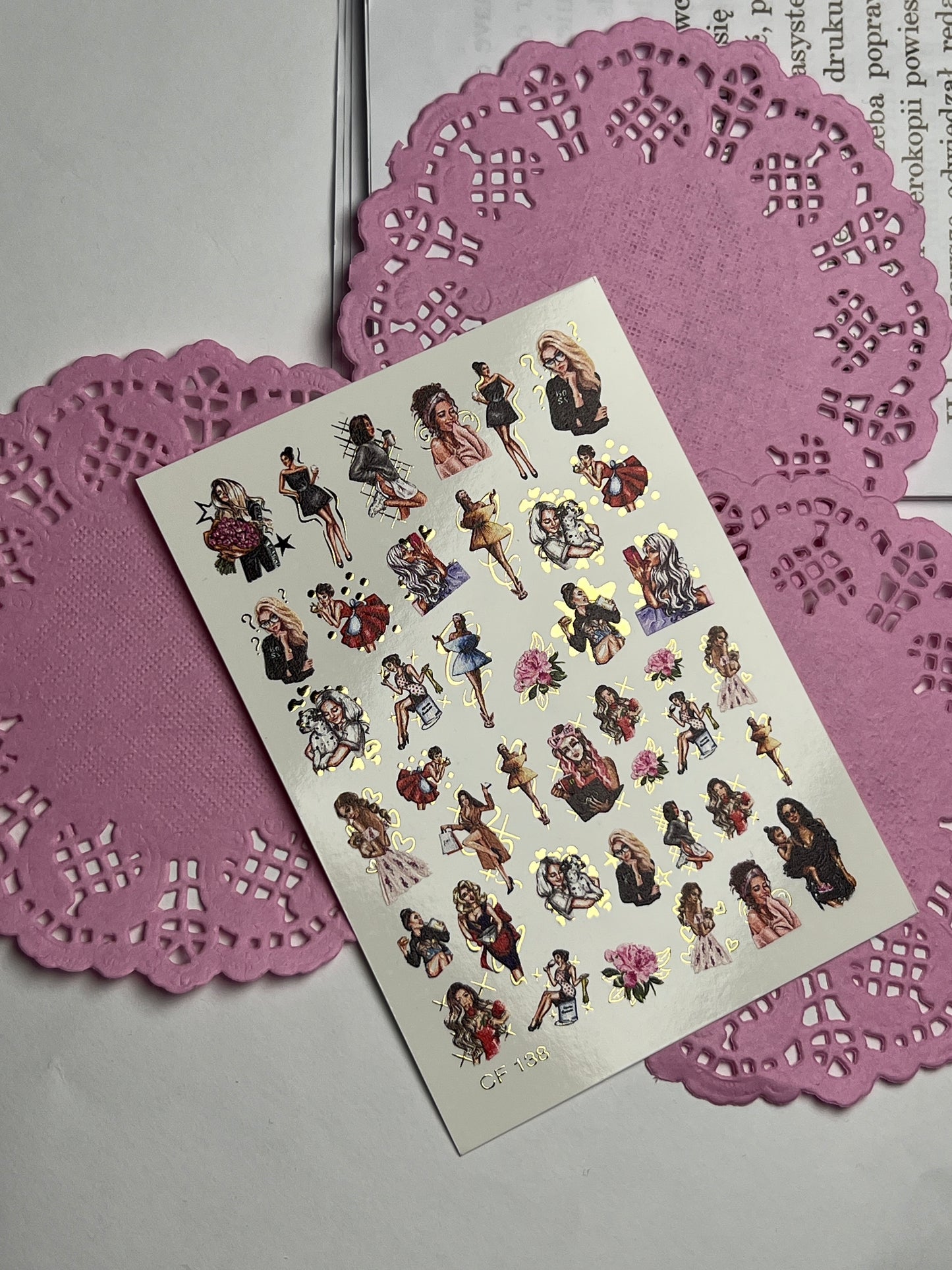 Nail Water Decal CF-138 | Fashion Girl Water Slide Nail Decals | Stylish Outfits & Gold Accents