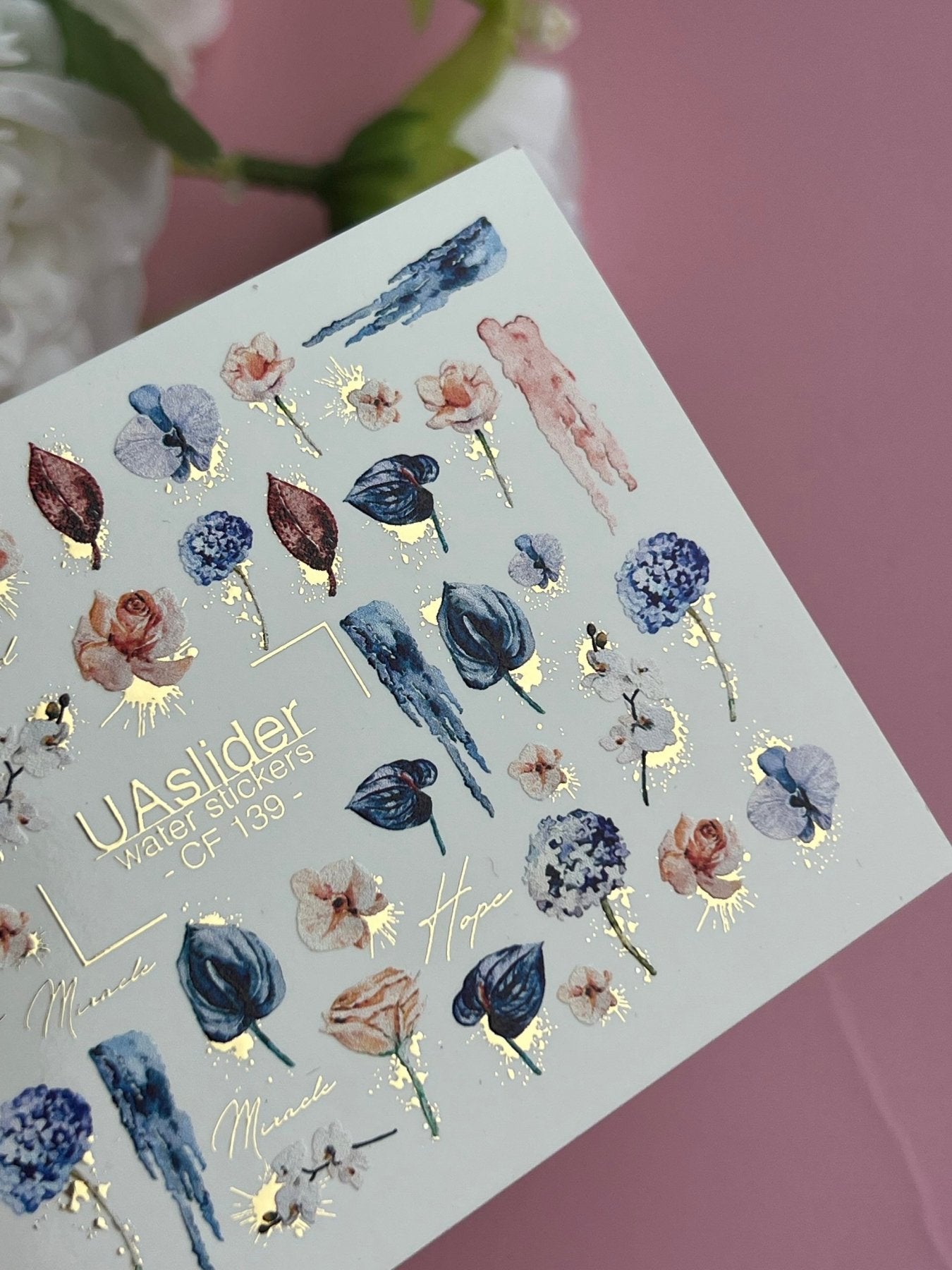 Nail Water Decal CF-139 | Floral Water Slide Nail Decals | Roses, Tulips & Gold Foil Accents - UASLIDER