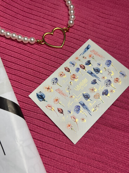 Nagel Wasserabziehbild CF-139 | Florale Wasser-Schiebefolien Nagelabziehbilder | Rosen, Tulpen & Goldfolien-Akzente