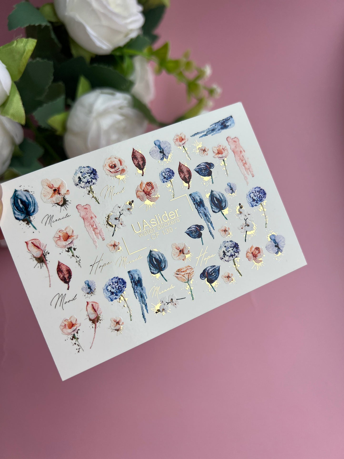 Nagel Wasserabziehbild CF-139 | Florale Wasser-Schiebefolien Nagelabziehbilder | Rosen, Tulpen & Goldfolien-Akzente