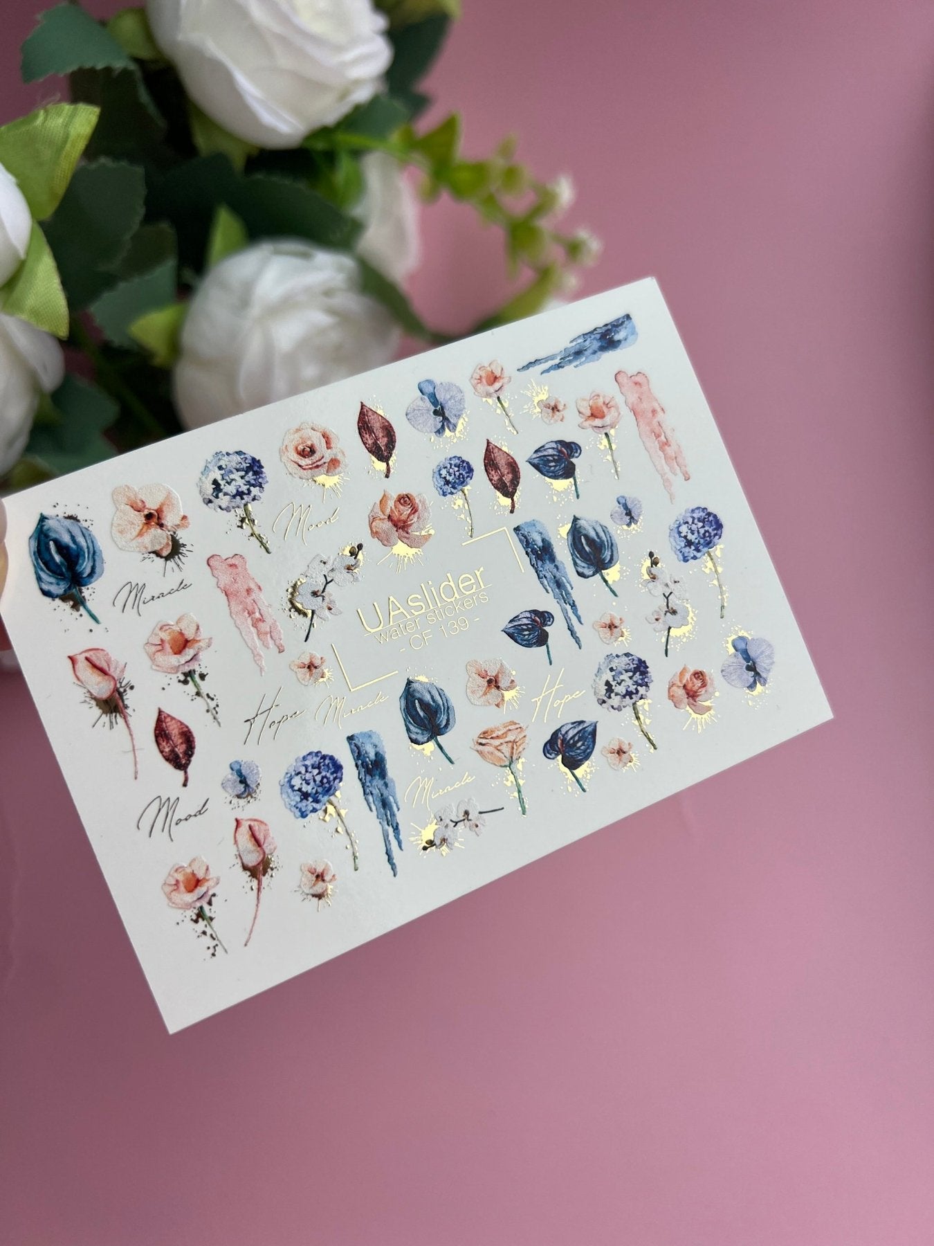 Nail Water Decal CF-139 | Floral Water Slide Nail Decals | Roses, Tulips & Gold Foil Accents - UASLIDER
