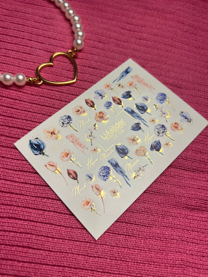 Nagel Wasserabziehbild CF-139 | Florale Wasser-Schiebefolien Nagelabziehbilder | Rosen, Tulpen & Goldfolien-Akzente