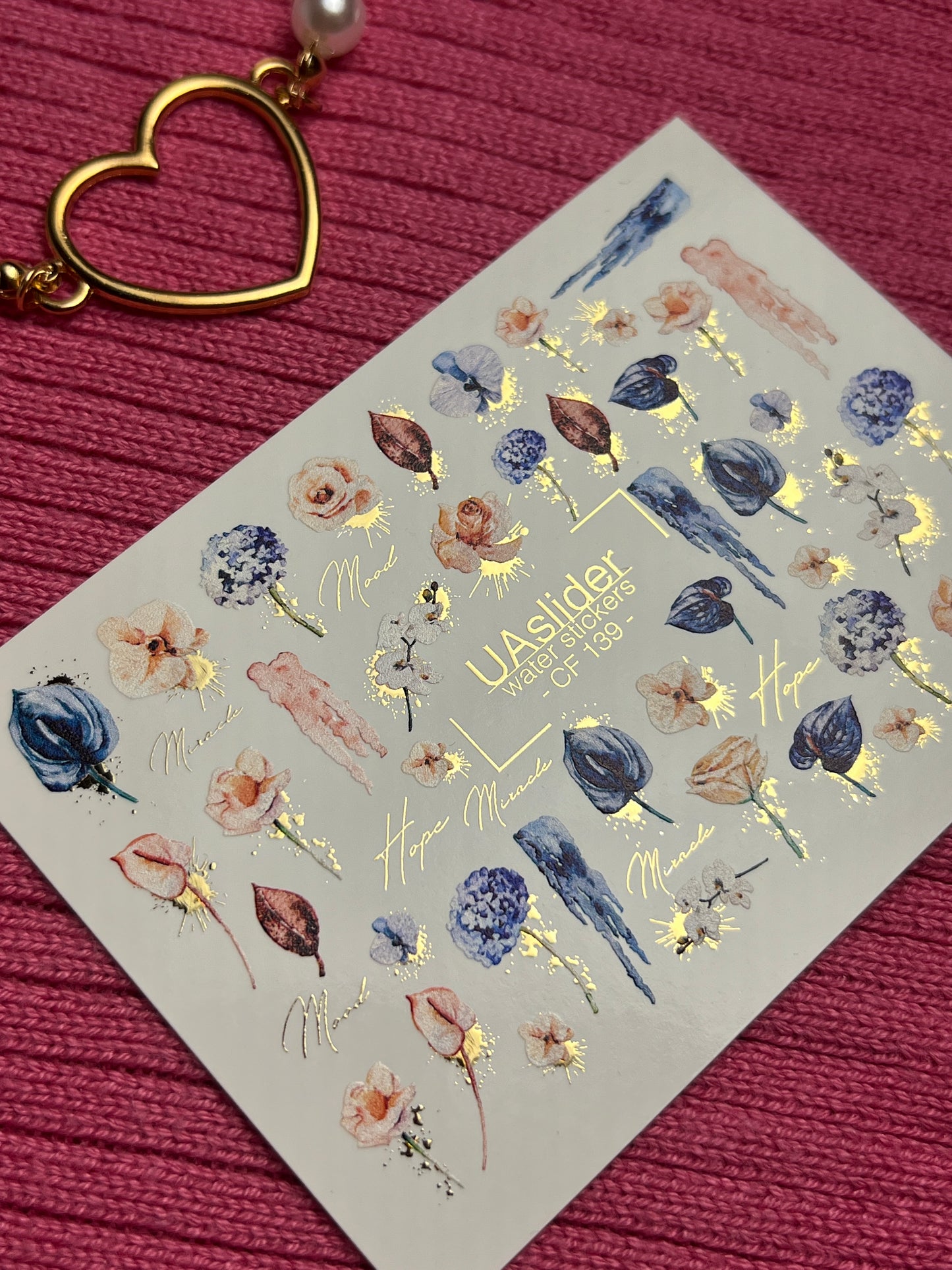 Nagel Wasserabziehbild CF-139 | Florale Wasser-Schiebefolien Nagelabziehbilder | Rosen, Tulpen & Goldfolien-Akzente