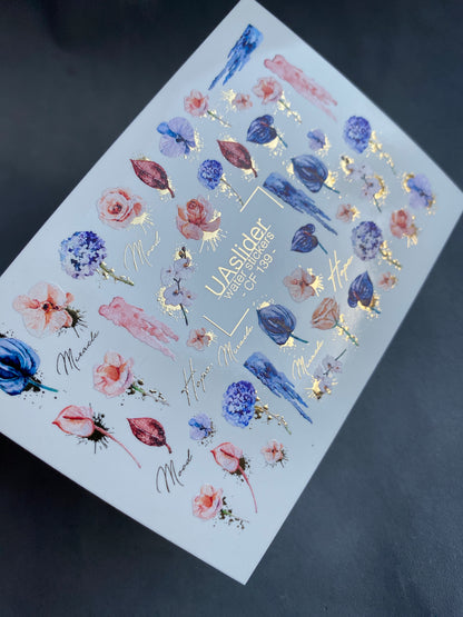 Nagel Wasserabziehbild CF-139 | Florale Wasser-Schiebefolien Nagelabziehbilder | Rosen, Tulpen & Goldfolien-Akzente