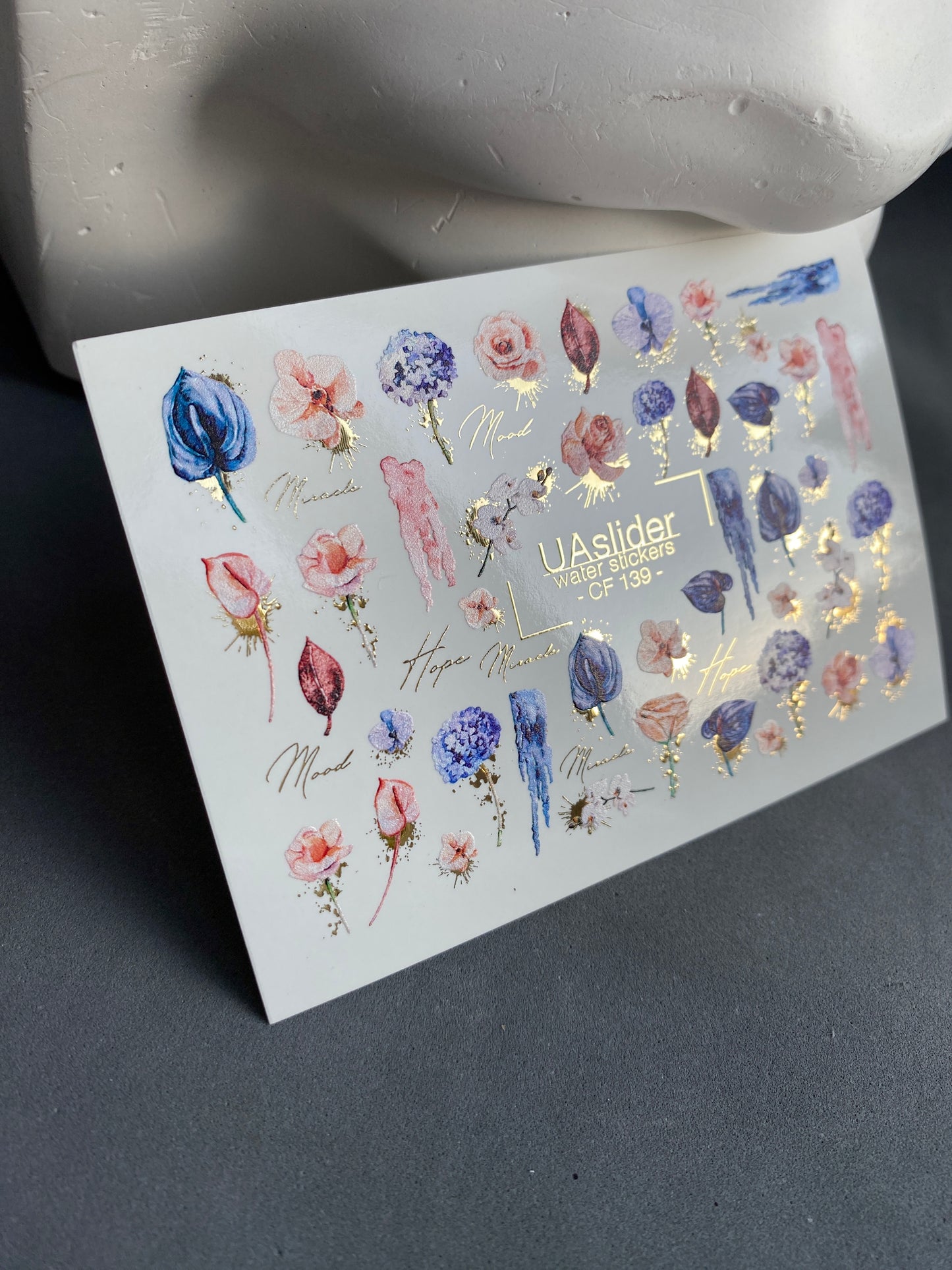 Nagel Wasserabziehbild CF-139 | Florale Wasser-Schiebefolien Nagelabziehbilder | Rosen, Tulpen & Goldfolien-Akzente