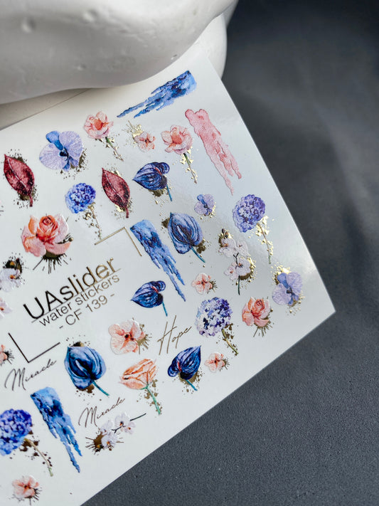 Nail Water Decal CF-139 | Floral Water Slide Nail Decals | Roses, Tulips & Gold Foil Accents